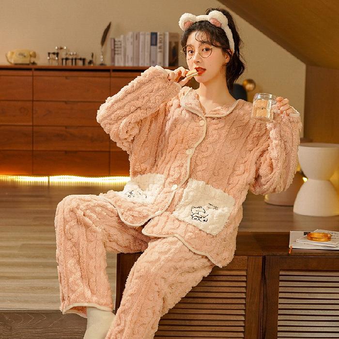 Coral Fleece Thickened Pajamas Women Autumn Winter Plush Added Sweet Cute Pink Girl Flannel Home Clothes Set Casual Nightwear