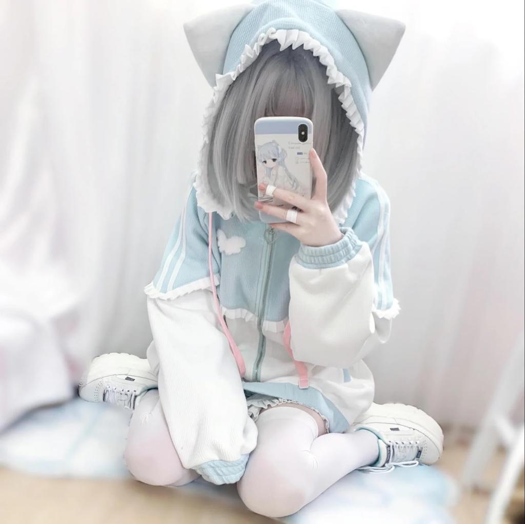 Lilikakoi Cat Ear Hoodie with Ears and Angel and Feather Cute Cat Ear Loose Light Blue Color Y2K Angel Harajuku Women's Frills, Wings, Pattern,