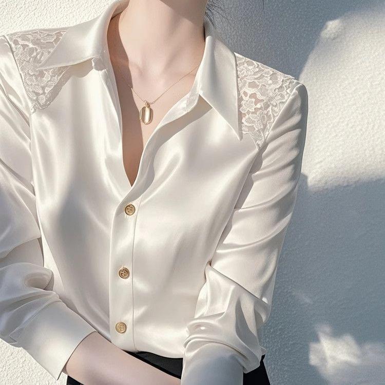 Women's Satin White Shirt And Blouses Casual Long Sleeve Button Up Elegant Top All-match French Style Solid Blouses