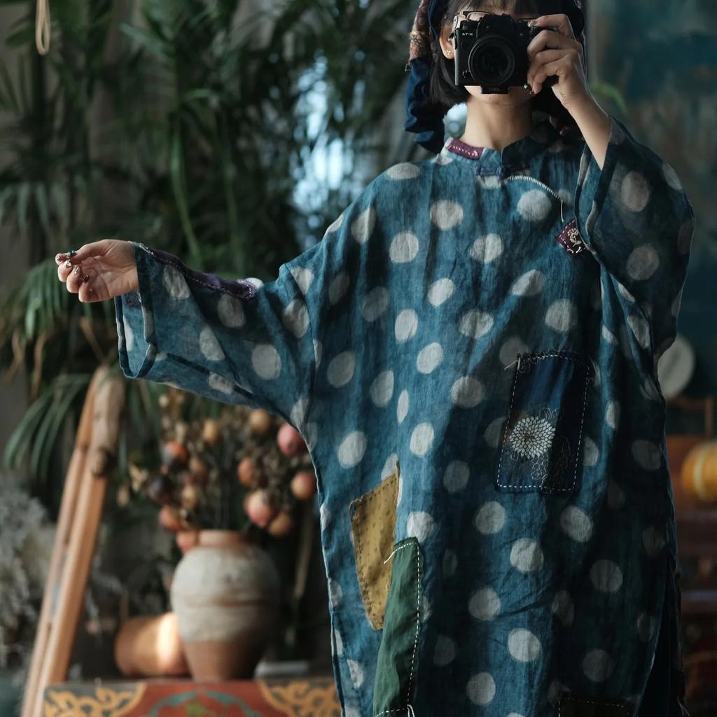Johnature Women Vintage Polka Dot Dresses Spring Chinese Style Stand Long Sleeve Dress