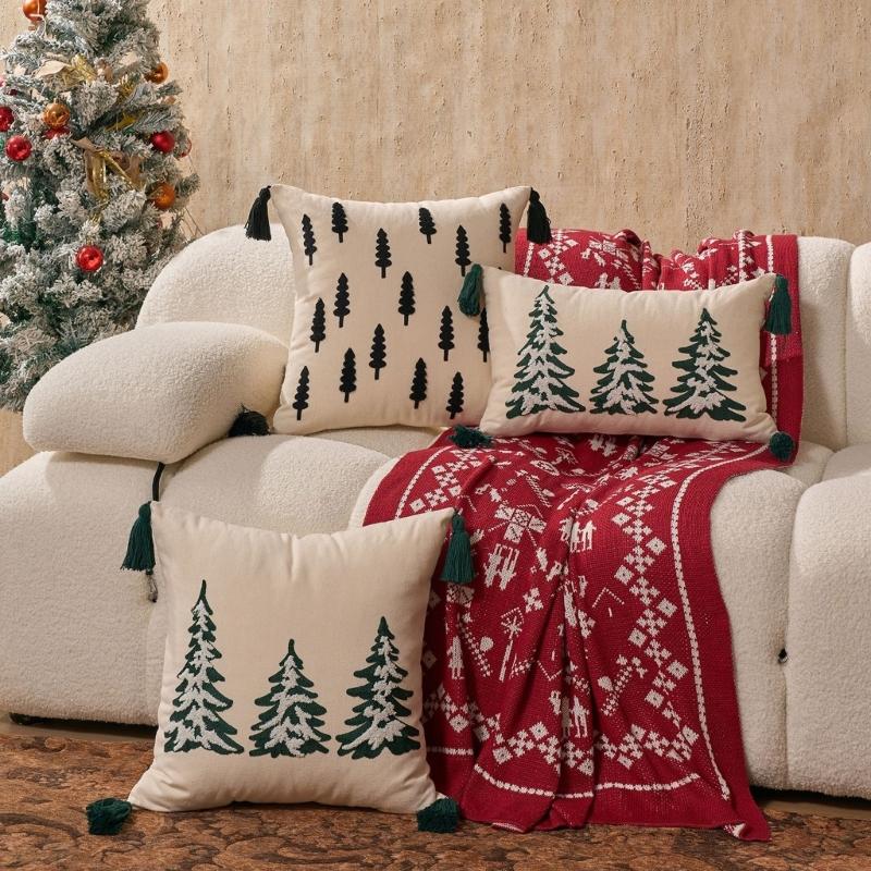 Towel Embroidery Holiday Pillowcase Christmas Tree Designs Breathable Cotton Linen Bedding Decoration
