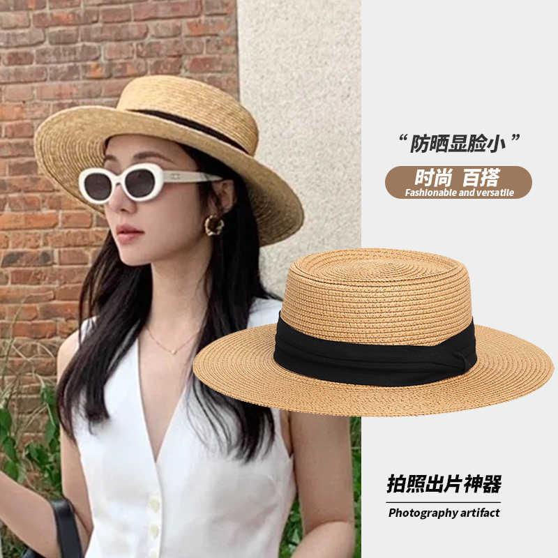 French Hat, Women's Summer Hat, Large Brim, Beach Sunscreen, Sunshade, Straw Hat, Versatile Flat Top Sun Hat