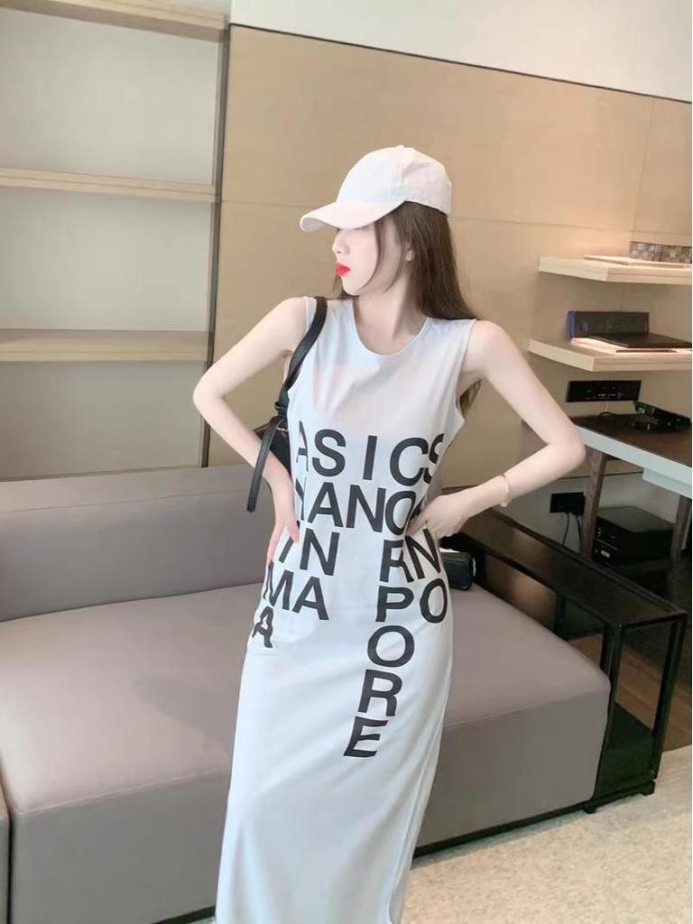 Summer Sleeveless French Letter Split Long Dress - Women's Loose Over-the-Knee Skirt