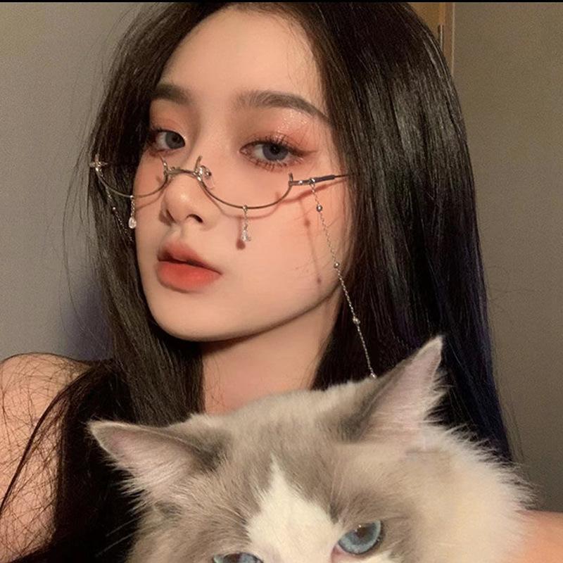 Linsefritt Halvinnfatningsbrilleinnfatning, Retro Kjedebrilleinnfatning uten toppramme, Personlig Tilbehør, Buet innfatning.