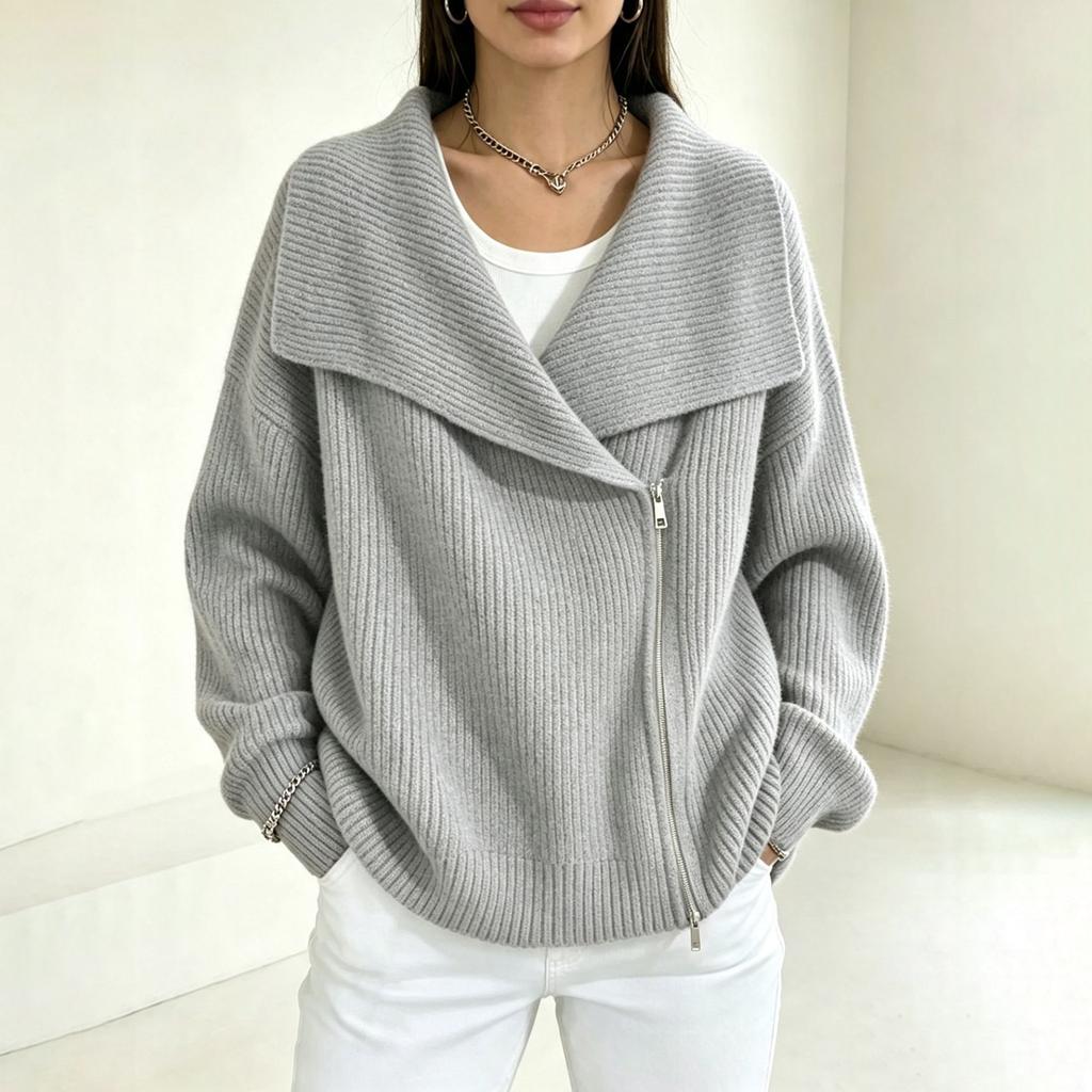 Women's Double Zipper Knit Cardigan Sweater with Lapel Collar for Casual Fashion