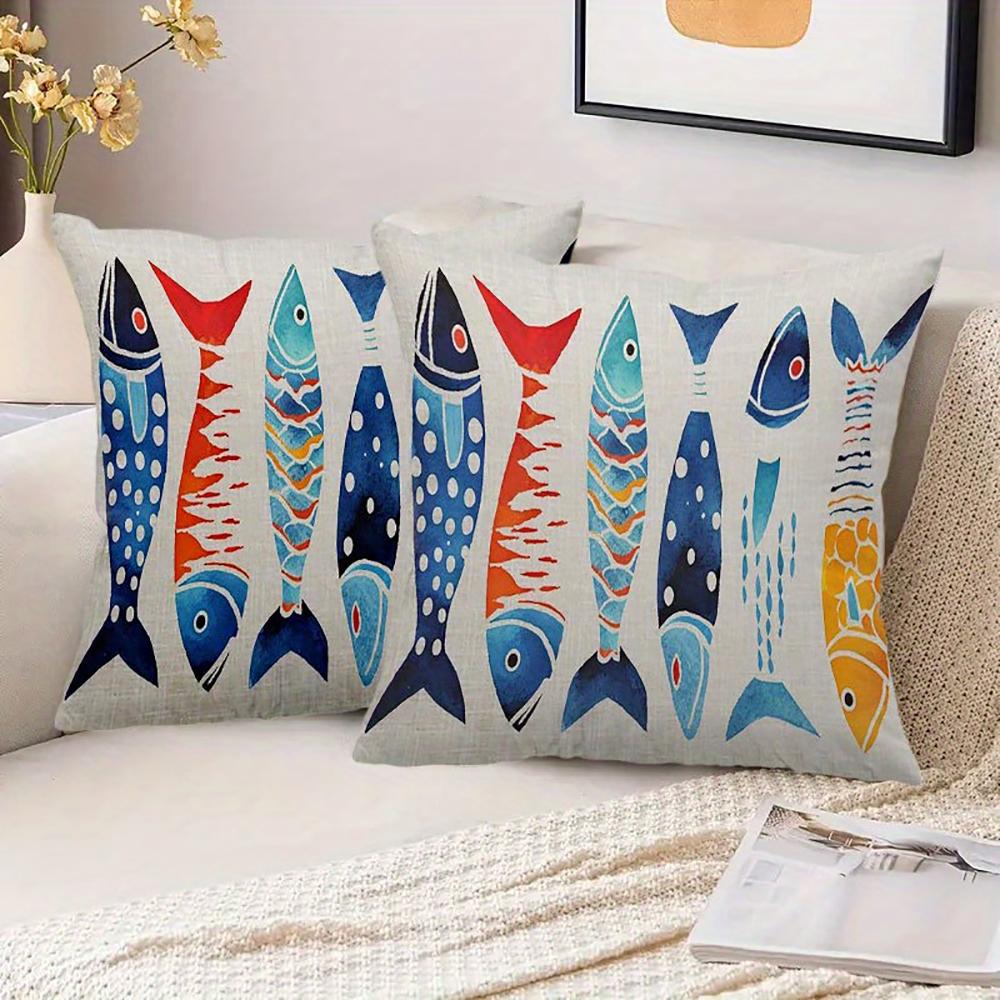 Housses de coussin décoratives 2D plates - Lot de 2 - Thème Marin Côtier avec Motifs Poissons de l'Océan Crabe Homard Sardine - Housse de coussin pour canapé/fauteuil
