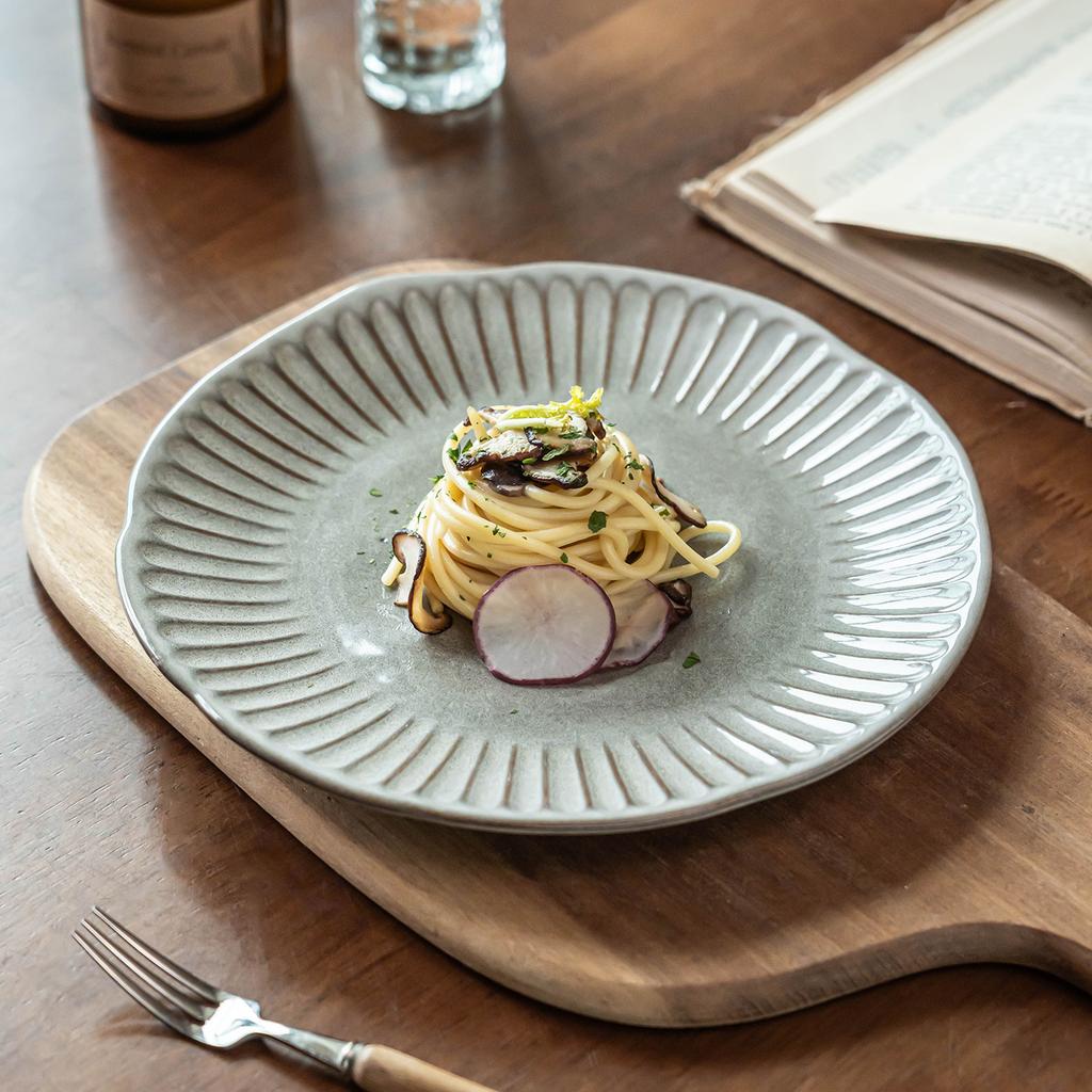 Retro Striped Ceramic Plate Japanese Blue Gray Plate Household Special-Shaped Plate Pasta Plate Vegetable Plate Salad Plate