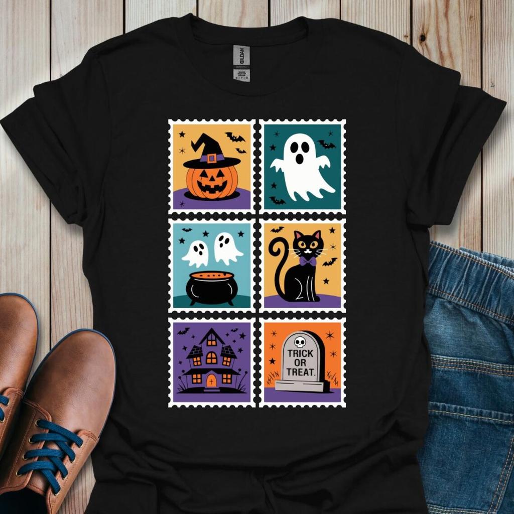 Retro Halloween Ghost Cat TShirt Spooky Witch Haunted House T Shirt Fashion Women T Shirt Tops Short Sleeves Black Tshirt