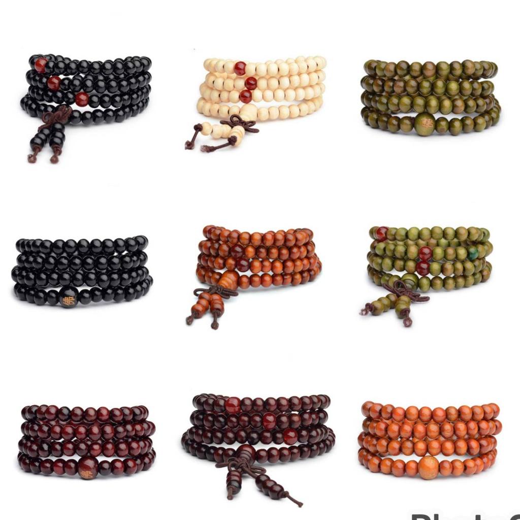 Chinese Amulet 6mm Natural Wood Buddhist 108 Bead Bracelets Buddha Bangles Meditation Prayer Unisex Men Women Vintage