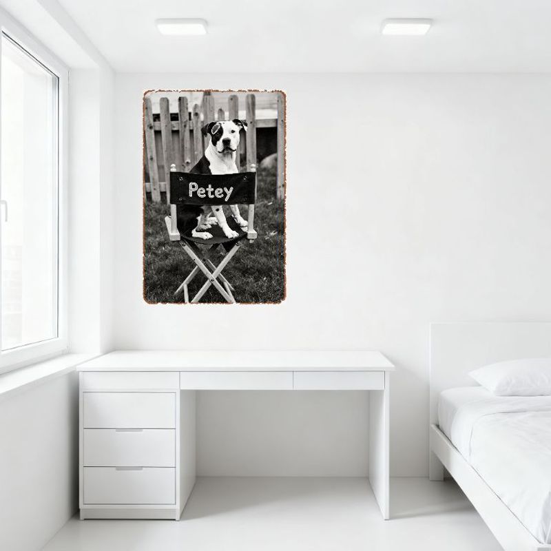 Vintage Black & White Pit Bull Dog Petey On Director's Chair Metal Tin Sign Rustic Outdoor Grassy Fence Wall Decor for Home Man