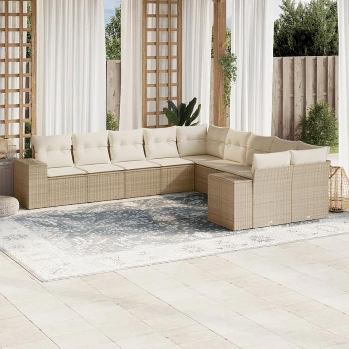 VidaXL Salon de Jardin avec Coussins 10 pcs, Canapés de Terrasse, Ensemble de Meubles de Patio, Mobilier d'Extérieur, Beige 3223107