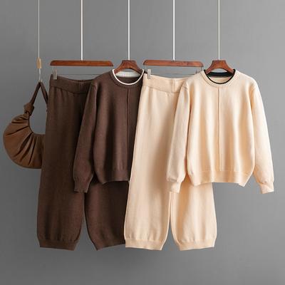 Fashion Suit Autumn and Winter New Round Solid Color Knitted Loose Sweater Casual Pants Two-piece Set