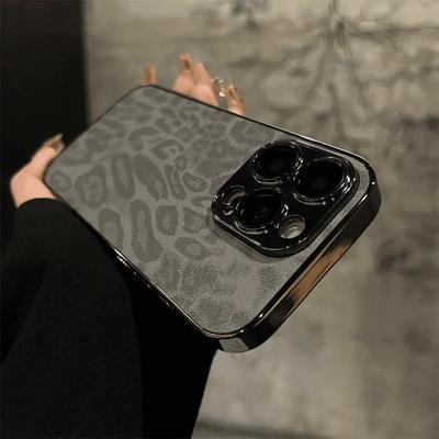 Luxusní pokovování Leopard Texture Leather Case pro iPhone 16 15 14 Plus 13 12 11 Pro Max Lens Protection Nárazuvzdorný měkký kryt