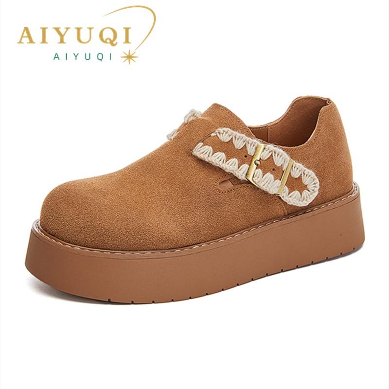 Fashion AIYUQI Women Spring Shoes Genuine Leather 2025 Spring New Platform Women's Loafers Suede Flat Retro Casual Shoes Women