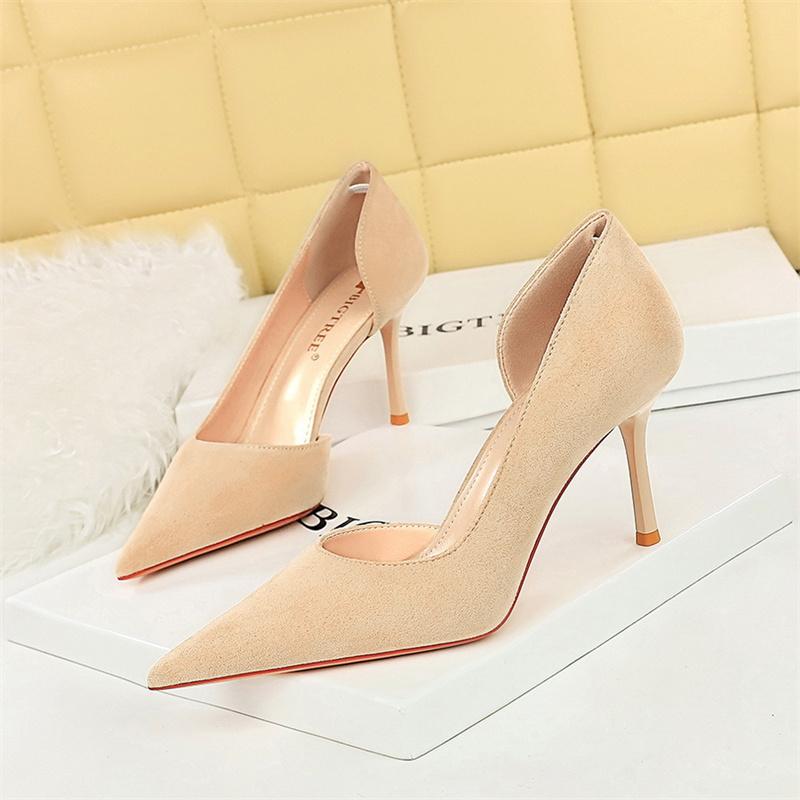 Office Women Suede Pumps Side Hollow High Heel Shoes New Wedding Party Red Green Shallow Mouth Pointed Toe Stiletto