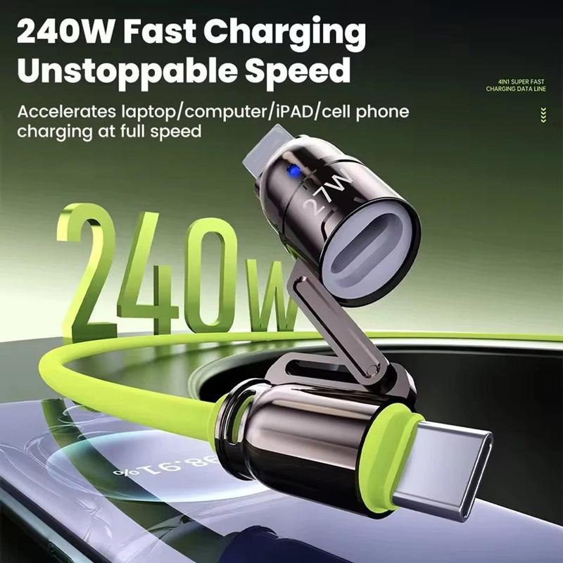 4 In 1 240W Fast Charging Data Cable, Dual Type-C Lightning USB Multi Port Phone Charger Cable for iPhone Samsung Huawei Xiaomi