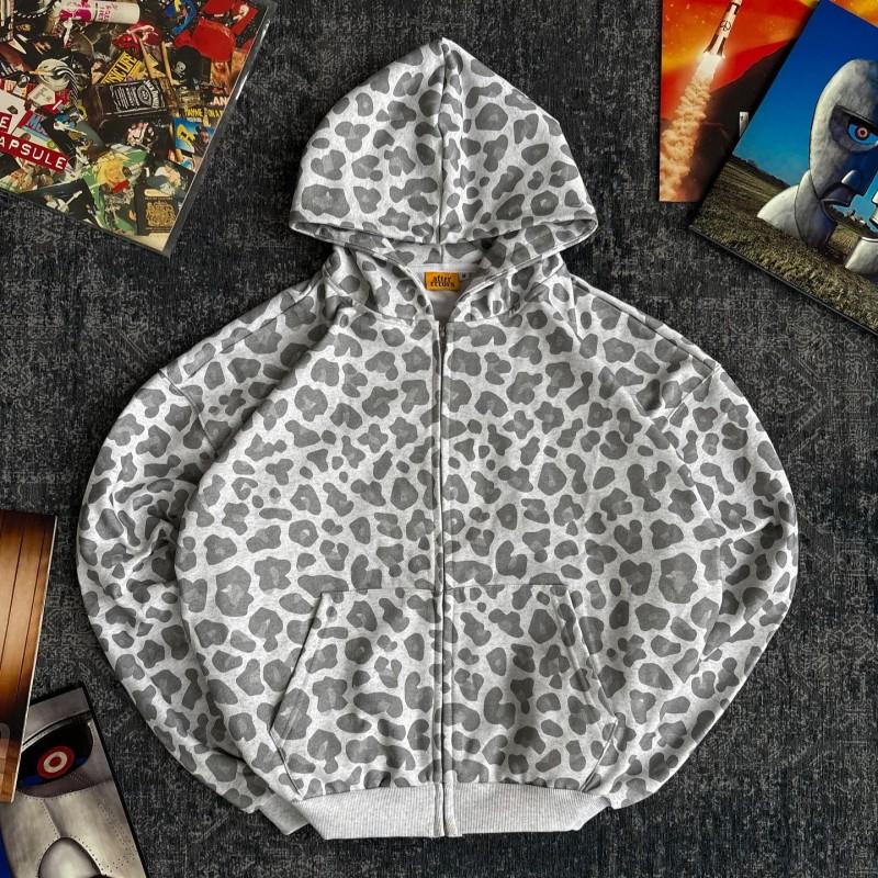 Y2K Siyah Leopar Desenli Fermuarlı Kapüşonlu Sweatshirt Erkek Kadın Sokak Giyimi Oversize Polar Sweatshirt