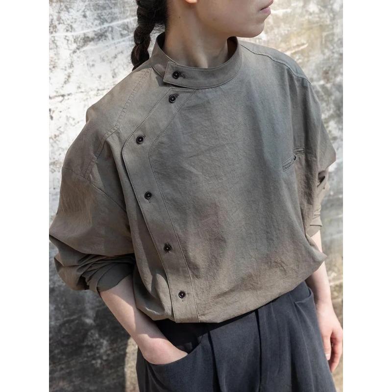 

Модная рубашка с круглым вырезом и длинным рукавом в стиле Харадзюку, серо-коричневая, с косой застежкой на пуговицы, ретро, универсальный кардиган-топ L серый