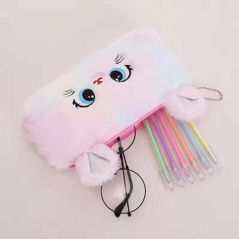 Kawaii Cat Large-capacity Zipper Pencil Bag, Beautiful Cartoon Creative Plush Pencil Bag for Girls Stationery Storage Bag