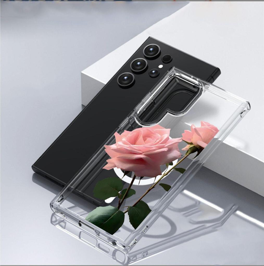 Pink Rose Magnetic Clear Case for iPhone 15/16/17 Pro Max - Full Protection