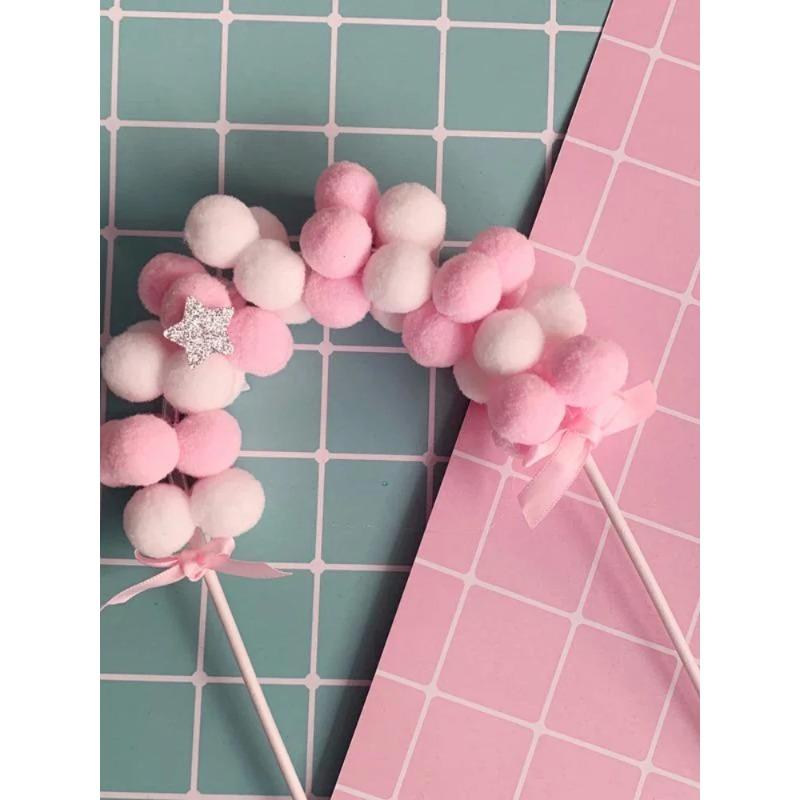 Pink Blue Soft Pompom Cloud Cake Topper Baby Shower Birthday DIY Cake Top Flags Decoration Festival Party Supplies.