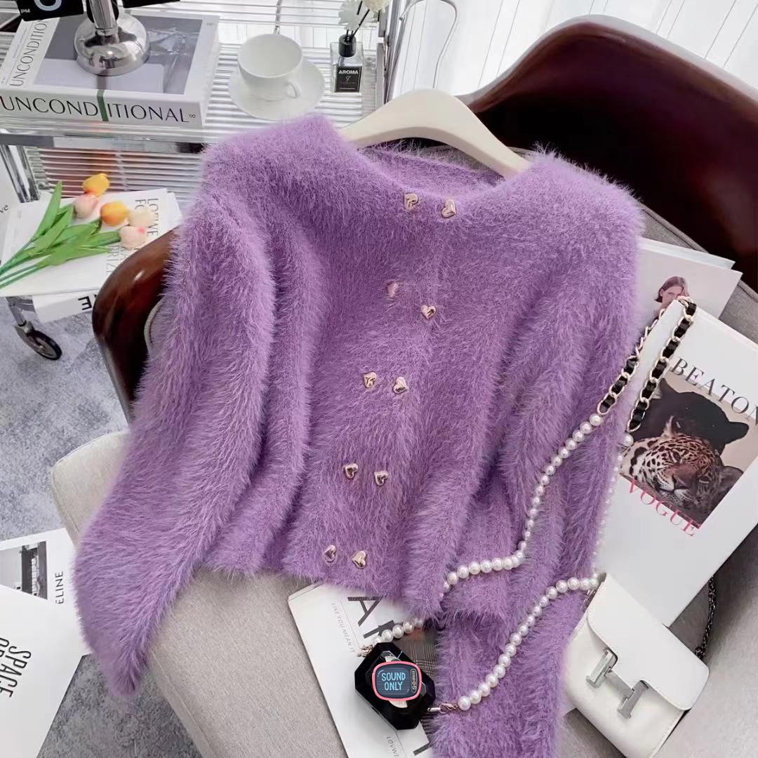 

Кардиган женский вязаный под норку с круглым вырезом, новый осенне-зимний, с нежным темпераментом, тонкий, двубортный, куртка-свитер one size fits all фиолетовый