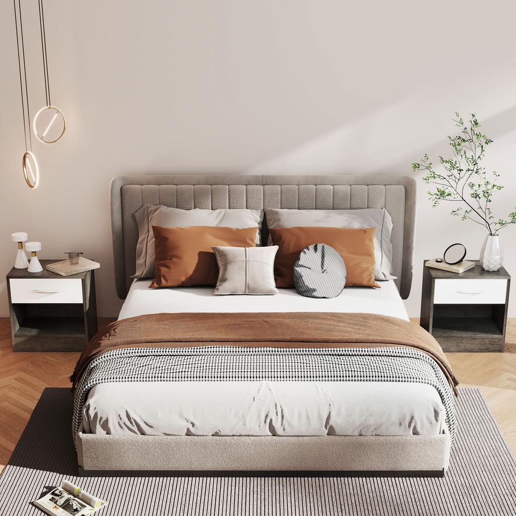Set of 2 Modern Bedside Tables with Open Shelf and Drawer, in Wood, 39x28x41 cm, White and Dark Gray