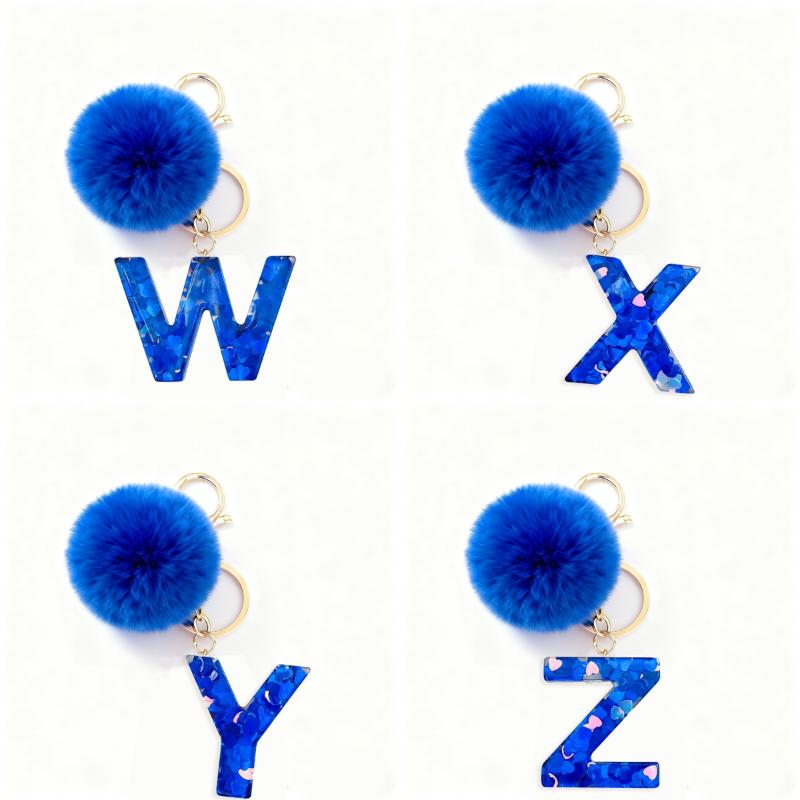 A-Z Initial Letter Blue Resin Keychain Cute Hairball Pendant Keyring Car Key Holders Backpack Charm Accessories Gift