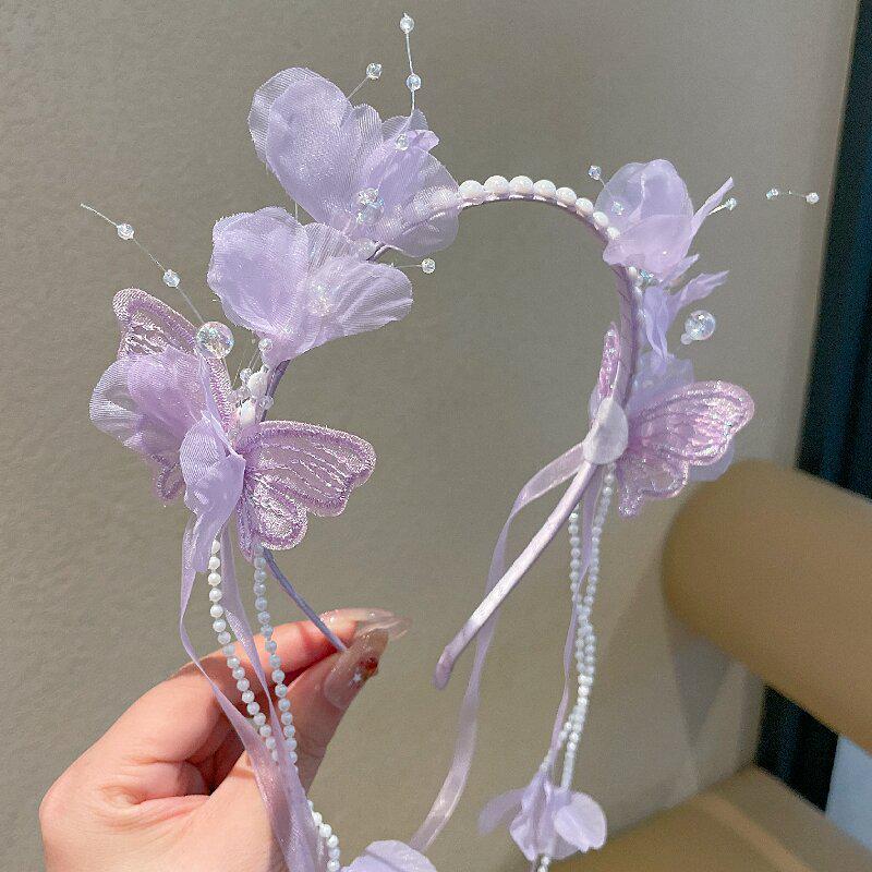 Spring-Summer Butterfly Headband: French Style Sweet Flower Hairpiece with Flowing Ribbon
