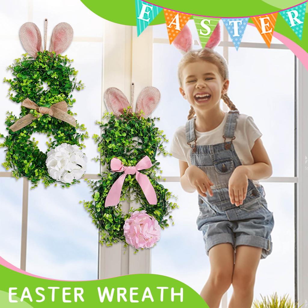 Ozdoba Wielkanocna Zajączek Świecący Wianek Wianek Wianek, Sztuczne Zielone Rośliny, Nadaje się do Dekoracji Werandy Wielkanocnej Na Zewnątrz Wewnątrz