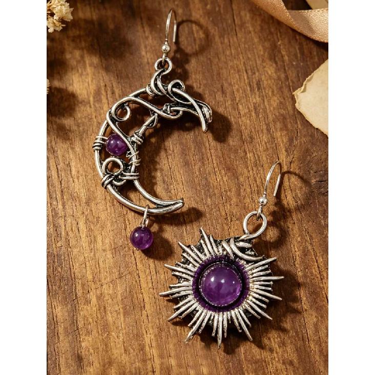 1 Pair Bohemian Star & Moon Purple Bead Earrings, Asymmetrical Sun & Moon Wrapped Design Earrings