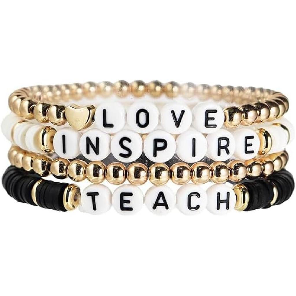 tenghong2021 Acrylic Bead Elastic Rope Beaded Bracelet for Women Handmade Wood Beaded Teacher Appreciation Strand Bracelets Teach Inspire Beaded