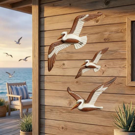 3 Pcs Wood Flying Pelican Wall Art Coastal Theme Nautical Wall Decor Rustic Beach Wooden Bird Sculpture for Living Room Bedroom Home Decor