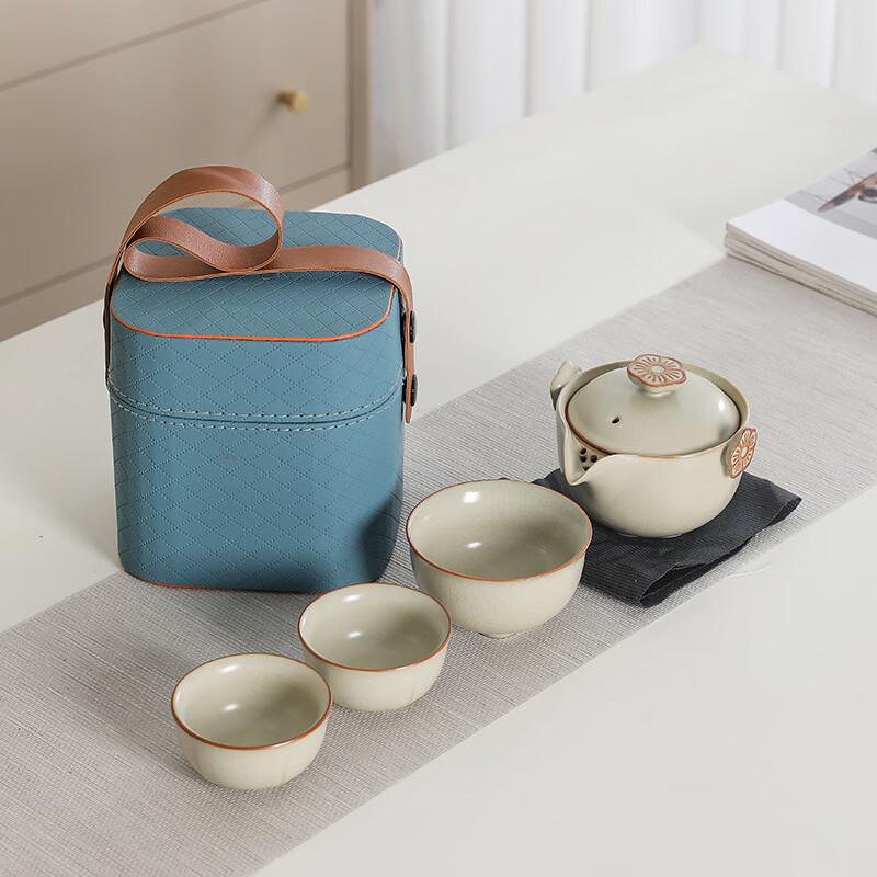 Xiao Ci Xiao Qu Zisha Travel Tea Set with Beige Ru-Style Glaze (1 Pot, 3 Cups)