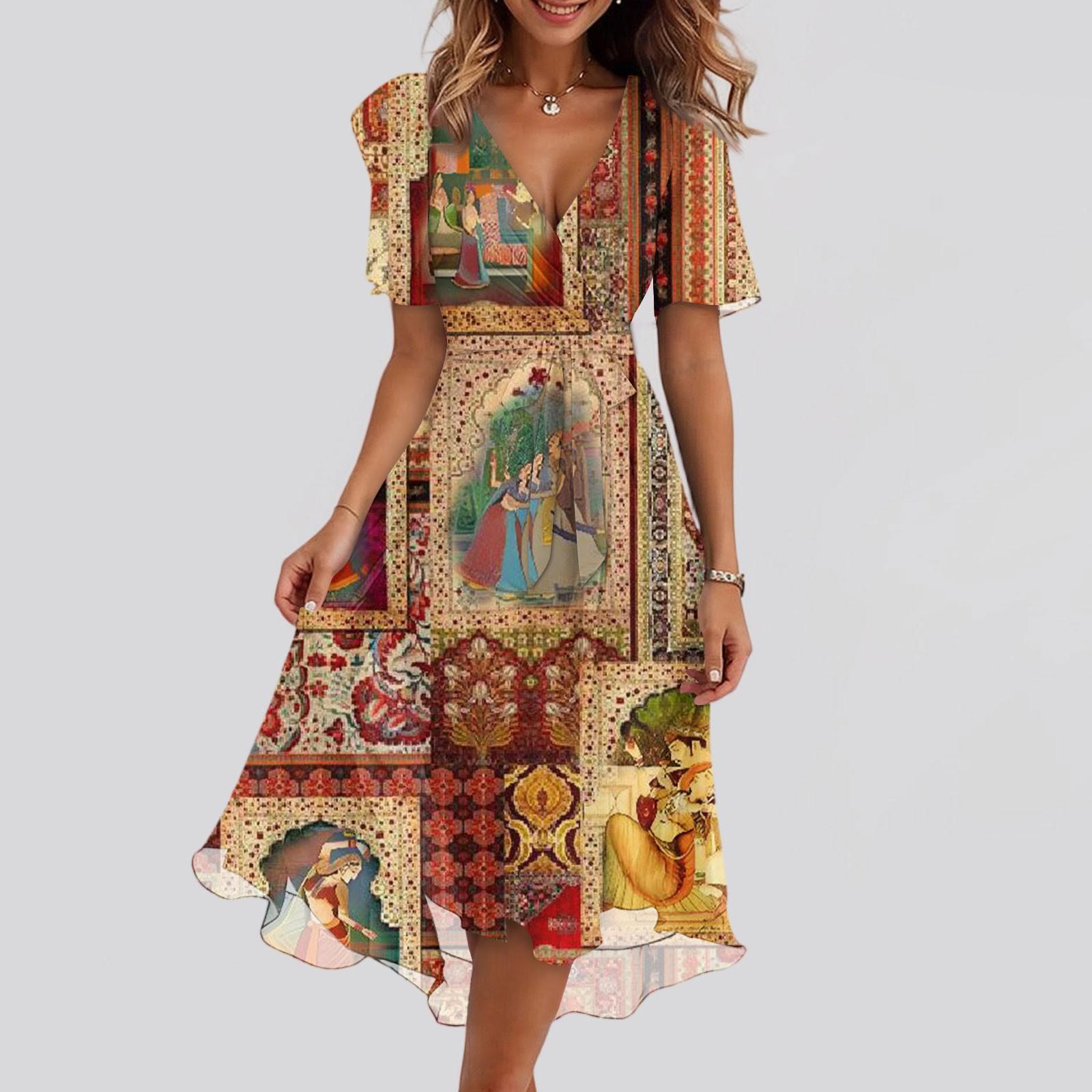 

Женский летний повседневный сарафан миди с цветочным принтом, запахом, V-образным вырезом, оборками, капюшоном, короткими рукавами, поясом, А-силуэта, с оборкой по подолу XL коричневый