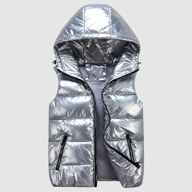 Autumn Winter Clothing Hoodies Men's Sleeveless Jacket Reflective Silver Colorful Down Jacket Casual Hooded Coat Vest  For Men Vest Clothing