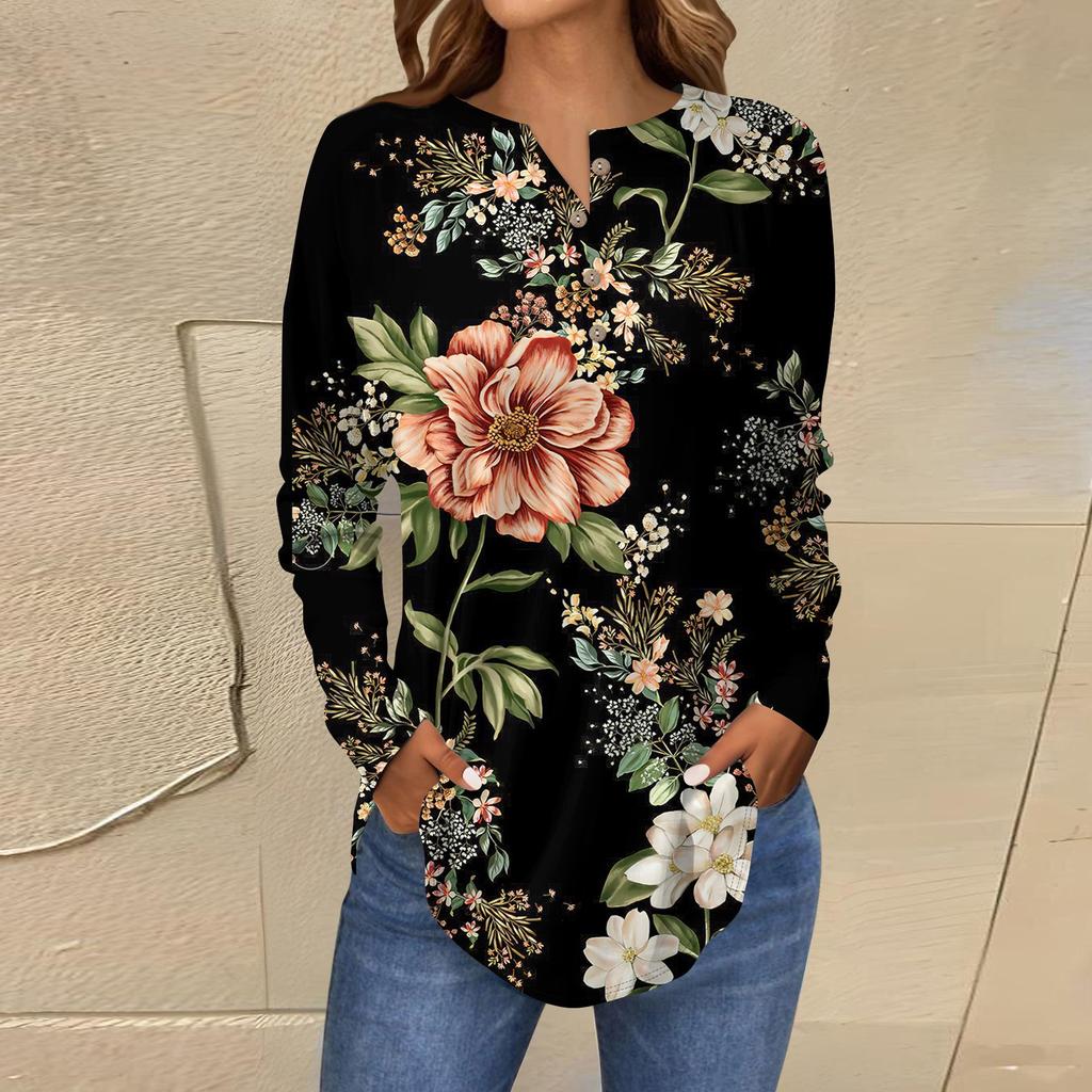 T-shirt à manches longues et col boutonné ample pour femme