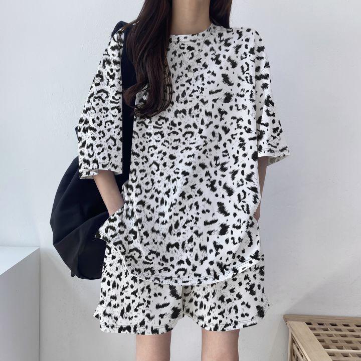 Women's Leopard Print Short Sleeve Top & Bermuda Shorts 2 Piece Tracksuit Plus Size Korean Casual Loungewear Set 2026 Summer Four Seasons Pajamas