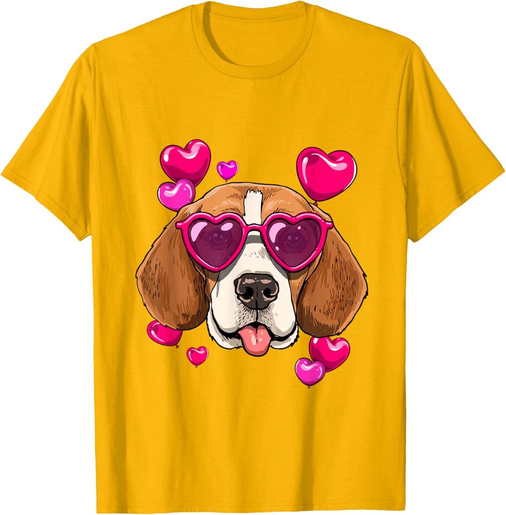 Beagle Heart Sunglasses Valentines Day Dog Lover Graphic Tee Casual Cotton T-Shirt