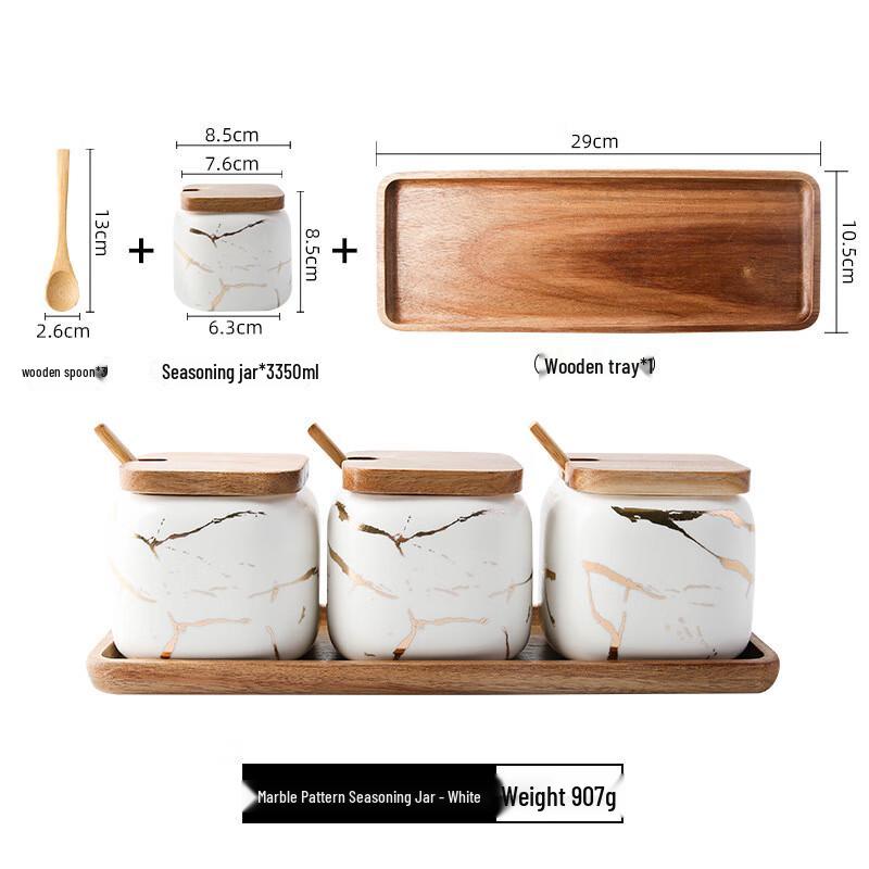 AQ Marble Frosted Spice Jar Set with Tray 3 Jars with Spoon & Tray