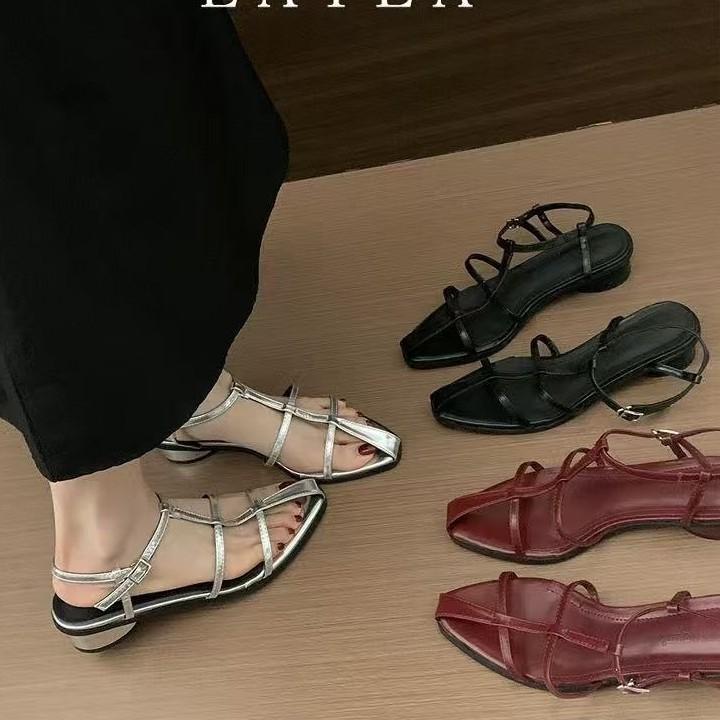 

thick heel French red strappy sandals fairy shoes 2025 new summer black vacation wind beach roman shoes 39 бордовый