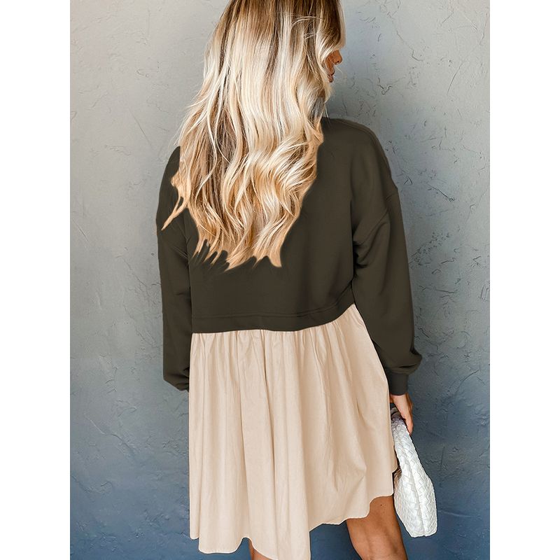 Autumn and Winter New Arrival Contrast Color Heterogeneous Patchwork Long Sleeves Dress Women European and American Leisure Loose Pleated Skirt Women