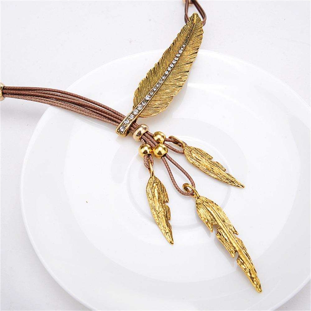 Rhinestone Leather Rope Tassel Necklace Zinc Zinc Alloy Leaves Neck Pendant Golden Feather Necklace  Couple