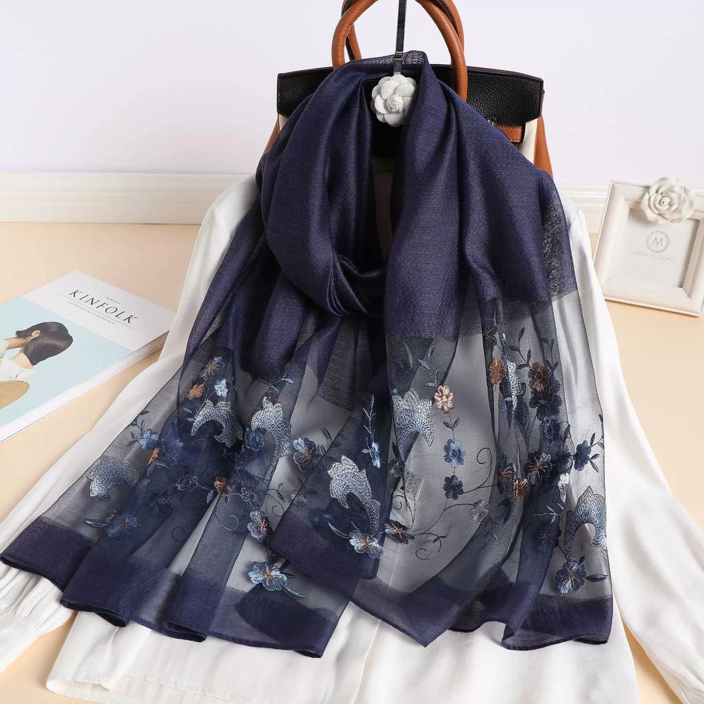 Silk Women Scarf Warm Wool Shawls Lady Wraps Floral Pashmina Embroidery Scarves Foulard Hijab New Long Female Hair Bandana