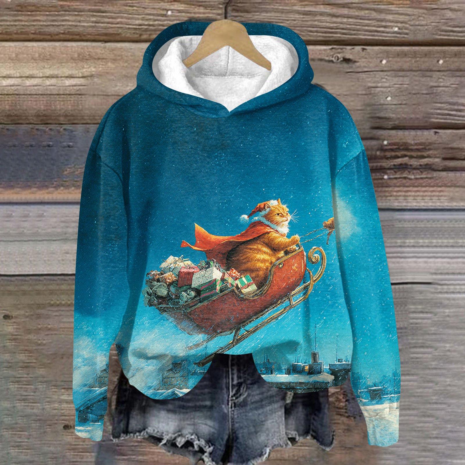 

Женская модная толстовка с длинным рукавом, рождественским принтом, свободного кроя, с капюшоном L синий