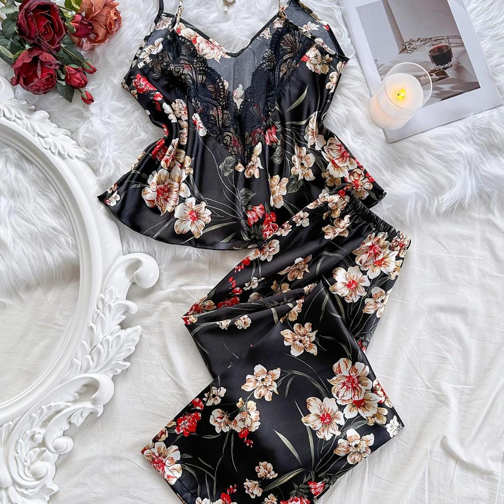 European & American Silk Print Women's Pajama Set: Camisole Dress & Long Pants