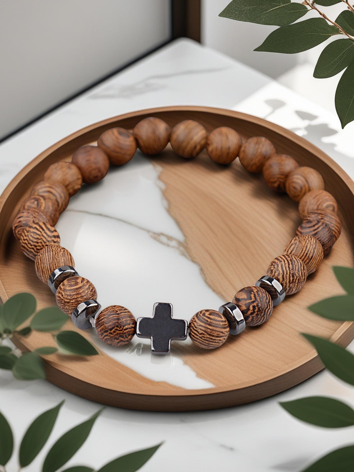 

1 Модный браслет-крест из деревянных бусин, черная цепочка из натуральных бусин с крестом, подходит для повседневной носки