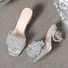 Fashion New Women High Heels Water Diamond Flower Sandals with Transparent Thick Bottom Women Shoes Party Dress PVC Slippers Mules Shoes