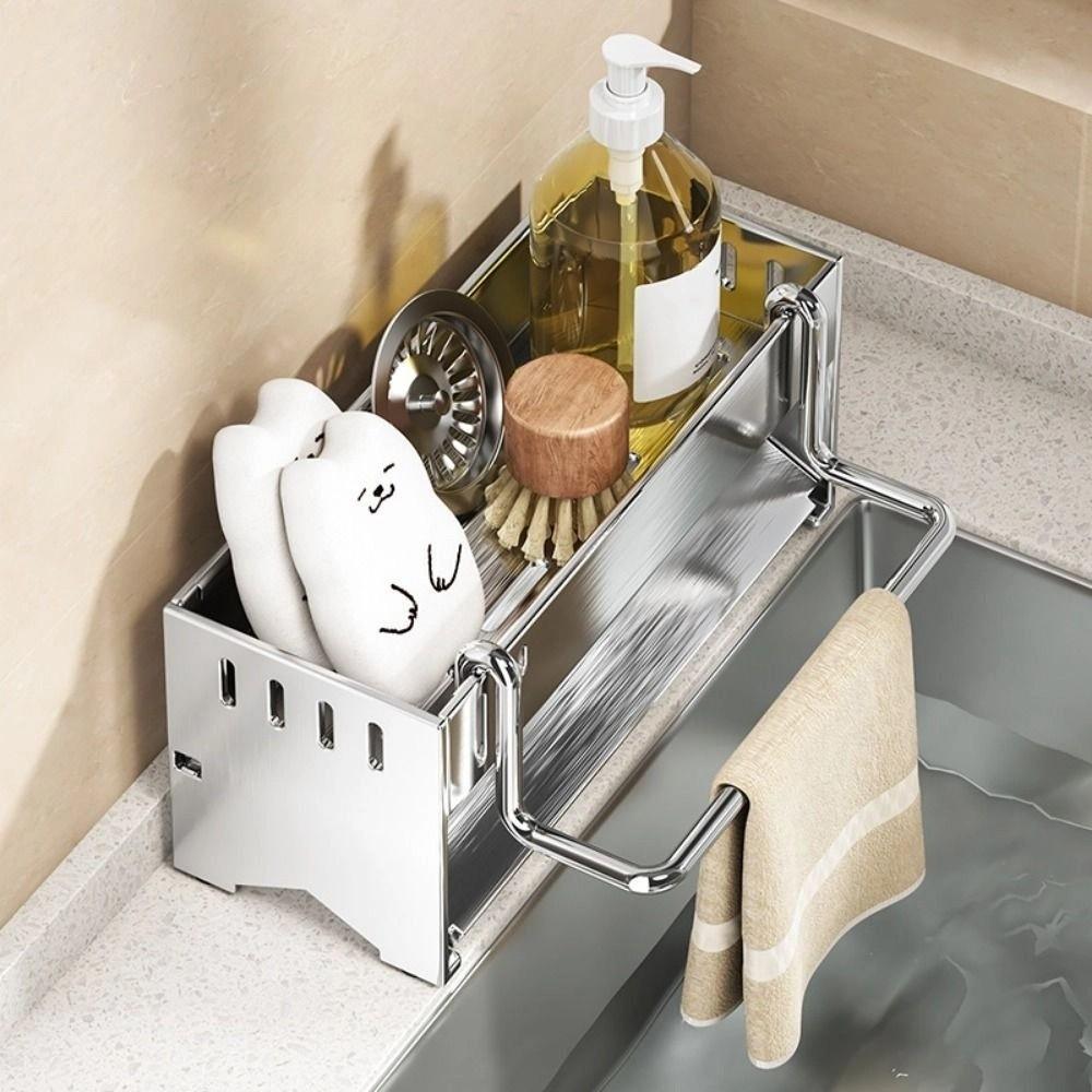 Hanging Rod Kitchen Sink Rack Quick Dry Draining Hole Sponge Drainer Shelf Waterproof Detachable Sponge Holder for Countertop