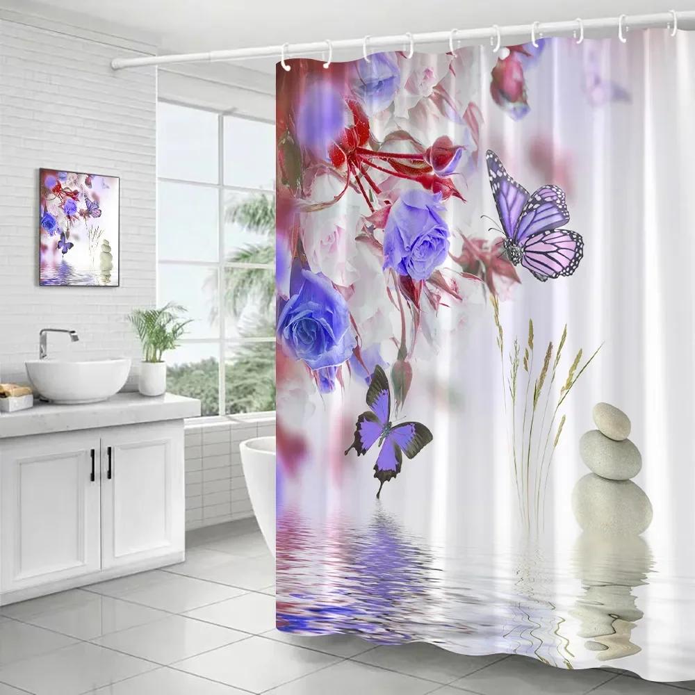 Pink Flowers Shower Curtains Butterfly Rose Zen Grey Stone Nature Scenery Polyester Fabric Bathroom Curtain Decor Set with Hooks
